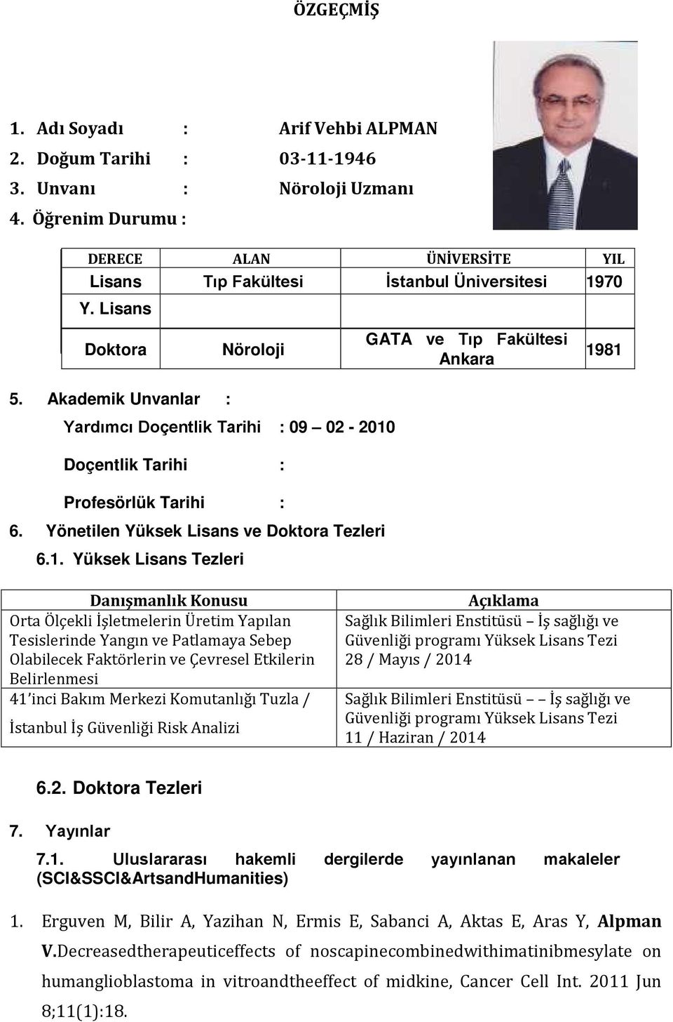 Doçentlik Tarihi : Profesörlük Tarihi : 6. Yönetilen Yüksek Lisans ve Doktora Tezleri 6.1.