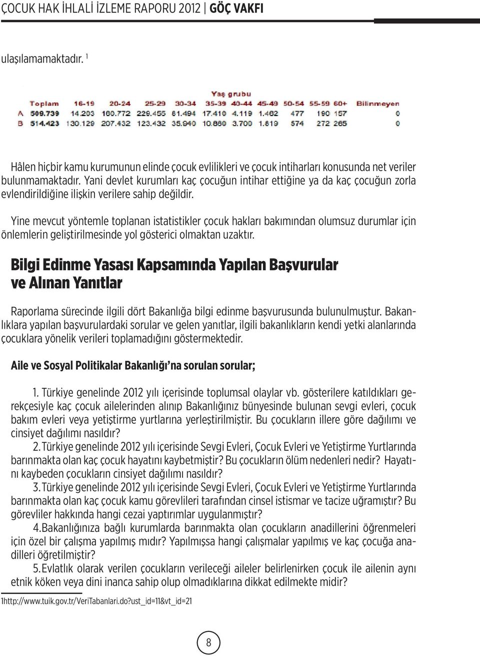 Yine mevcut yöntemle toplanan istatistikler çocuk hakları bakımından olumsuz durumlar için önlemlerin geliştirilmesinde yol gösterici olmaktan uzaktır.