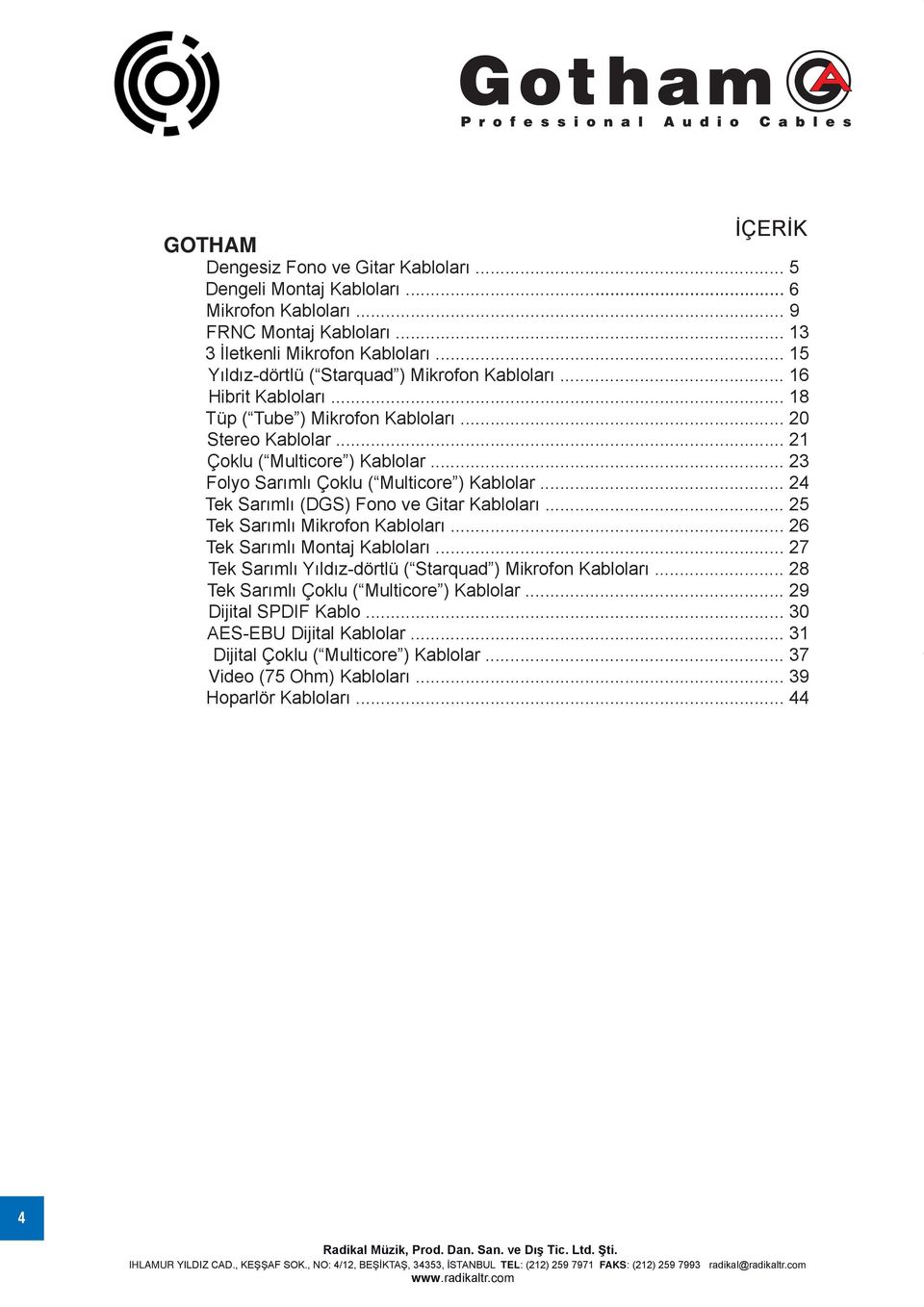 .. 23 Folyo Sarımlı Çoklu ( Multicore ) Kablolar... 24 Tek Sarımlı (DGS) Fono ve Gitar Kabloları... 25 Tek Sarımlı Mikrofon Kabloları... 26 Tek Sarımlı Montaj Kabloları.