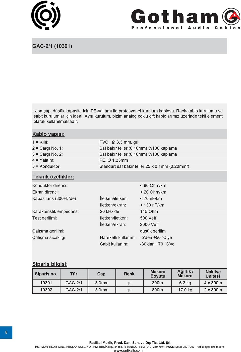 2: Saf bakır teller (0.10mm) %100 kaplama 4 = Yalıtım: PE, Ø 1.25mm 5 = Kondüktör: Standart saf bakır teller 25 x 0.1mm (0.