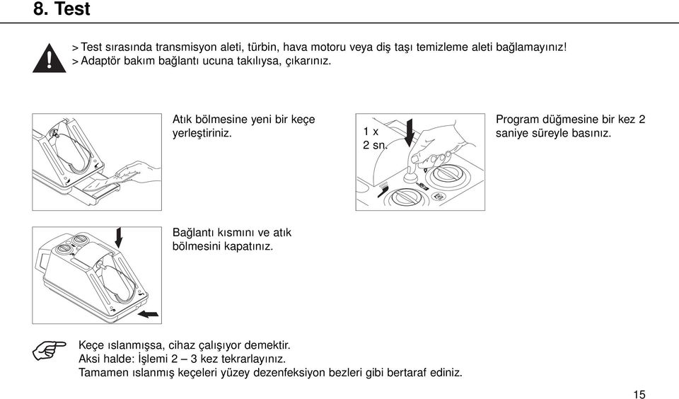 Program düğmesine bir kez 2 saniye süreyle basınız. Bağlantı kısmını ve atık bölmesini kapatınız.