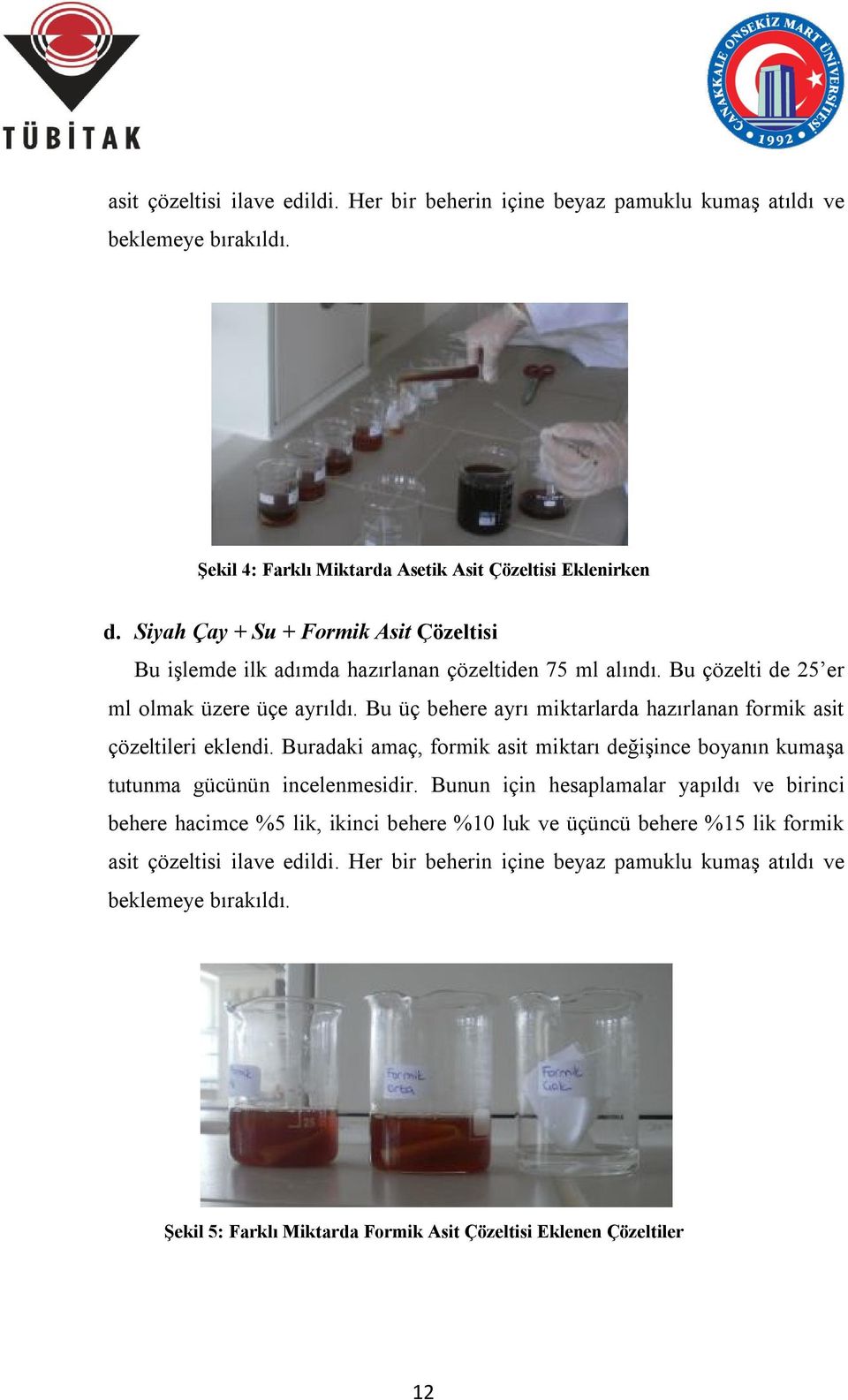 Bu üç behere ayrı miktarlarda hazırlanan formik asit çözeltileri eklendi. Buradaki amaç, formik asit miktarı değişince boyanın kumaşa tutunma gücünün incelenmesidir.