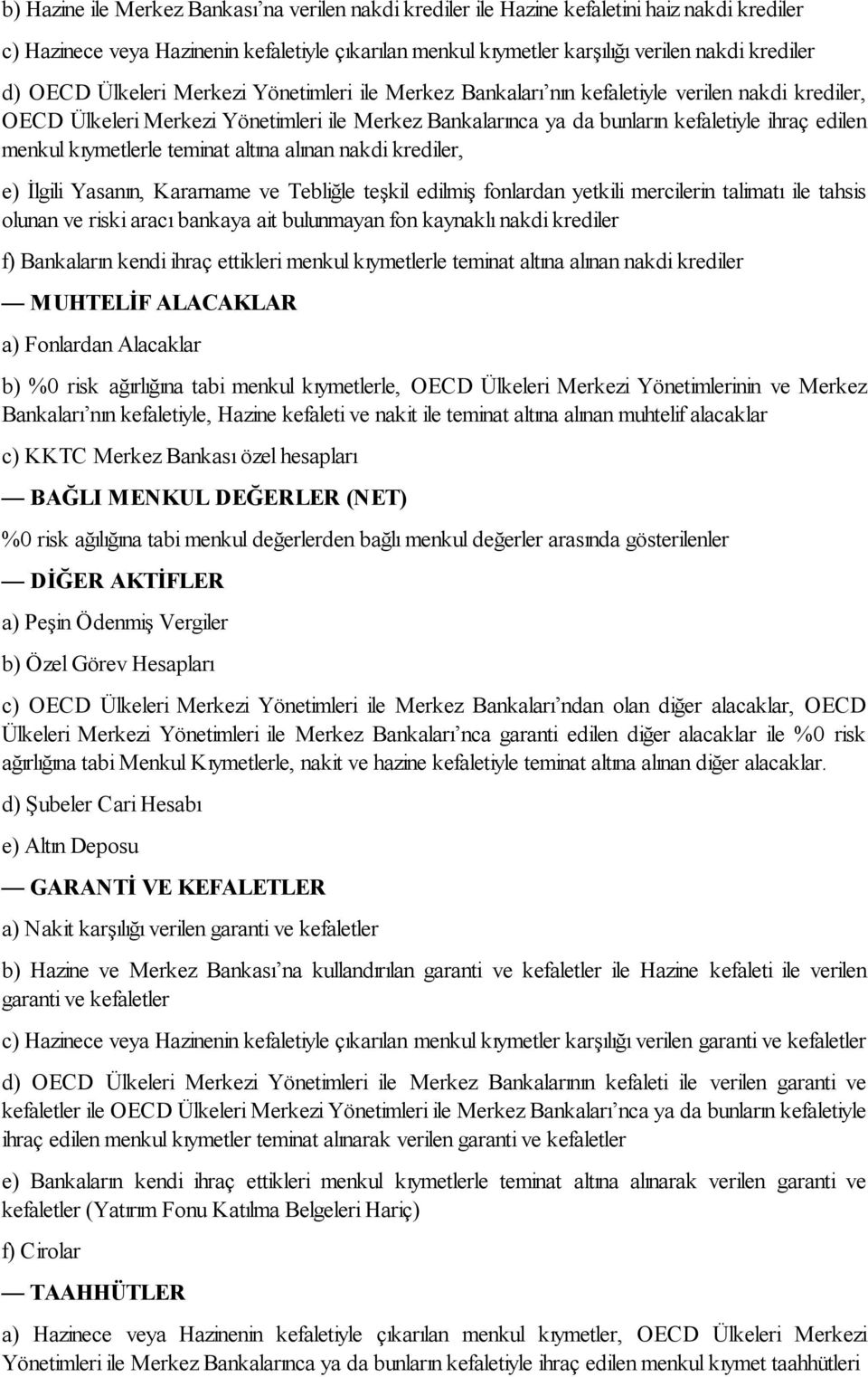 kıymetlerle teminat altına alınan nakdi krediler, e) İlgili Yasanın, Kararname ve Tebliğle teşkil edilmiş fonlardan yetkili mercilerin talimatı ile tahsis olunan ve riski aracı bankaya ait bulunmayan