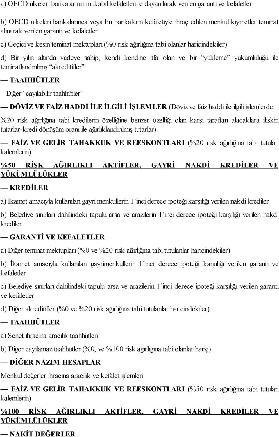 yükümlülüğü ile teminatlandırılmış akreditifler TAAHHÜTLER Diğer cayılabilir taahhütler DÖVİZ VE FAİZ HADDİ İLE İLGİLİ İŞLEMLER (Döviz ve faiz haddi ile ilgili işlemlerde, %20 risk ağırlığına tabi