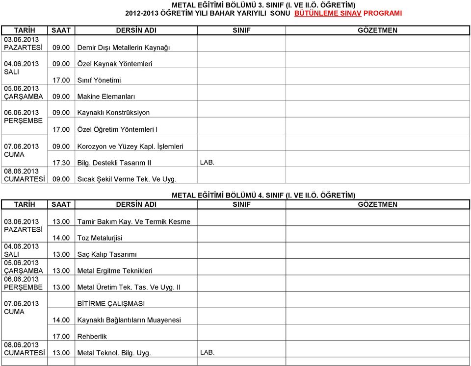 00 Sıcak Şekil Verme Tek. Ve Uyg. METAL EĞİTİMİ BÖLÜMÜ 4. SINIF (I. VE II.Ö. ÖĞRETİM) 13.00 Tamir Bakım Kay. Ve Termik Kesme PAZARTESİ 14.00 Toz Metalurjisi SALI 13.