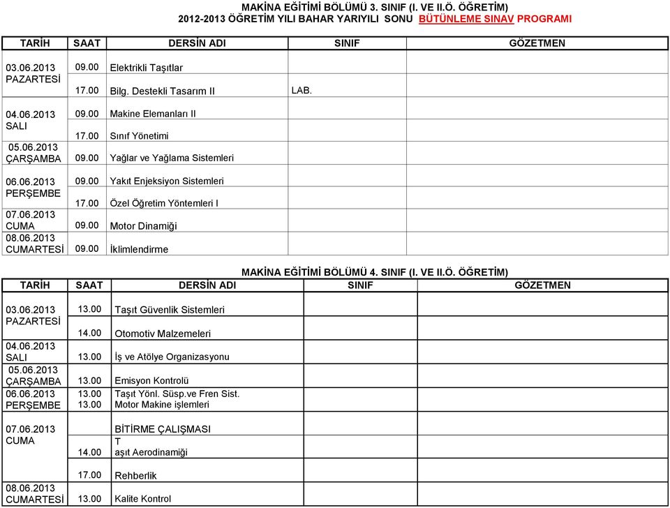 00 İklimlendirme MAKİNA EĞİTİMİ BÖLÜMÜ 4. SINIF (I. VE II.Ö. ÖĞRETİM) 13.00 Taşıt Güvenlik Sistemleri PAZARTESİ 14.00 Otomotiv Malzemeleri SALI 13.