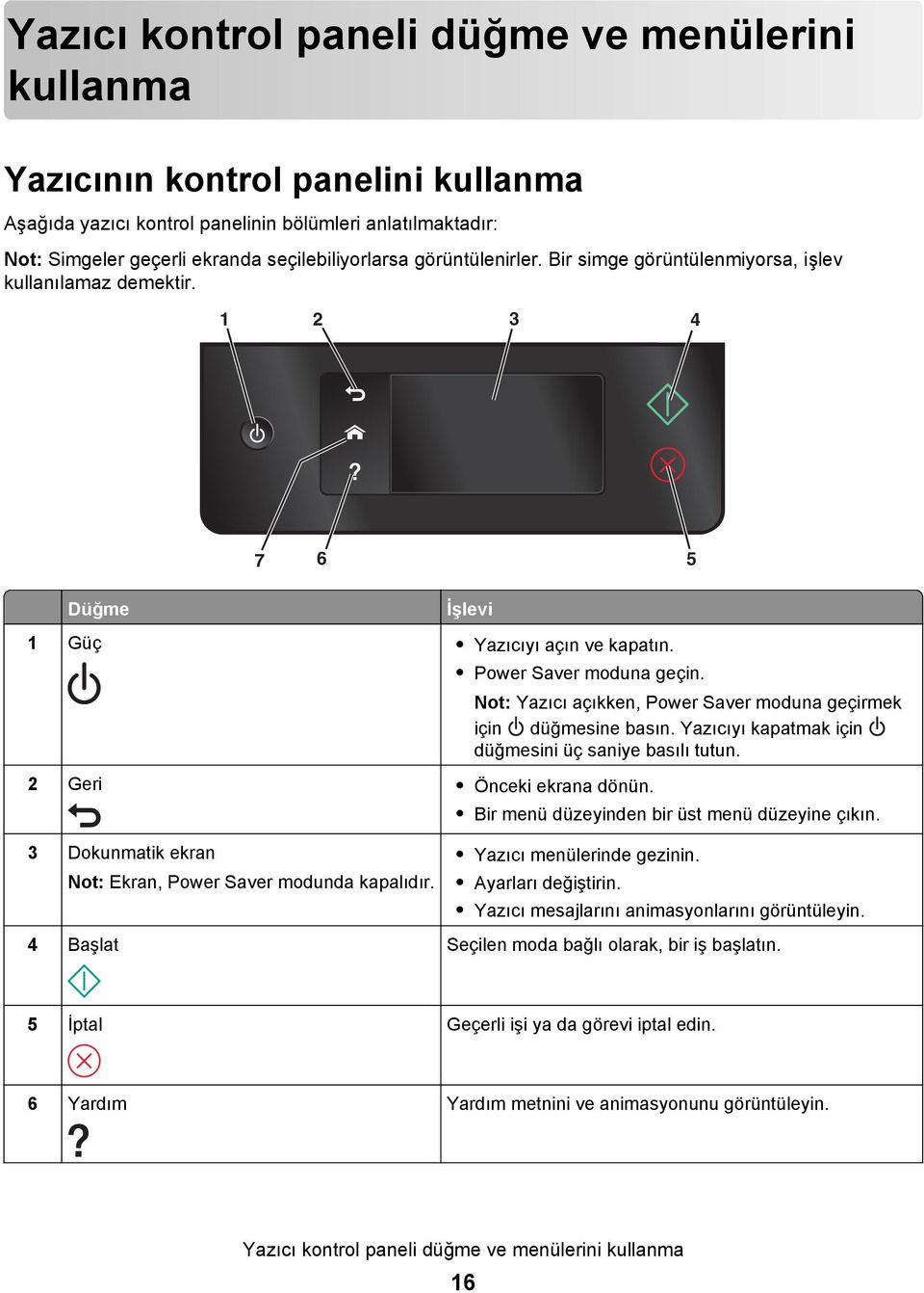 Not: Yazıcı açıkken, Power Saver moduna geçirmek için düğmesine basın. Yazıcıyı kapatmak için düğmesini üç saniye basılı tutun. 2 Geri Önceki ekrana dönün.