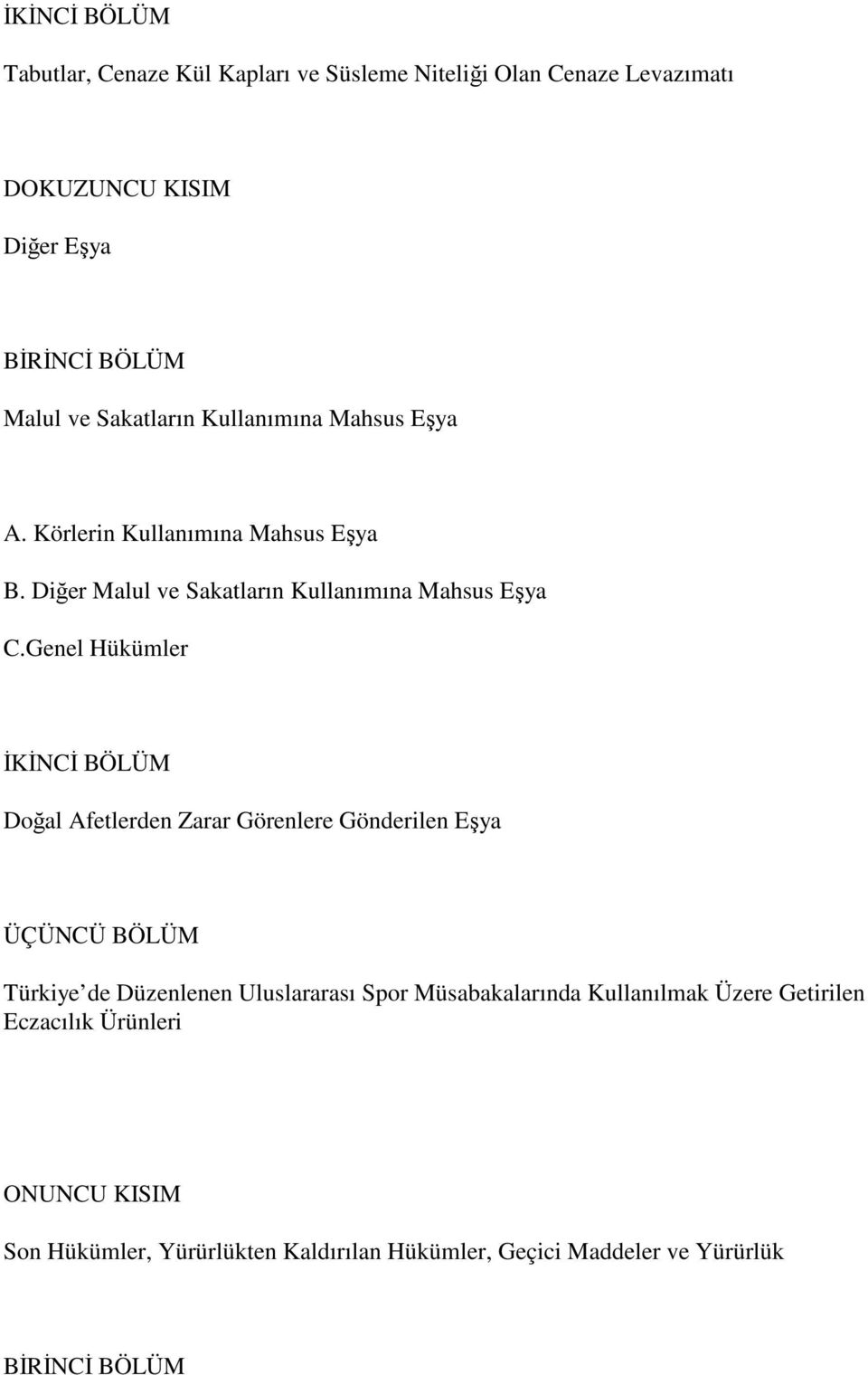 Genel Hükümler İKİNCİ BÖLÜM Doğal Afetlerden Zarar Görenlere Gönderilen Eşya ÜÇÜNCÜ BÖLÜM Türkiye de Düzenlenen Uluslararası Spor