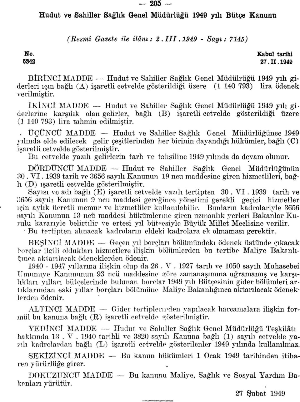 ÎKİNCÎ MADDE Hudut ve Sahiller Sağlık Genel Müdürlüğü 99 yılı giderlerine karşılık olan gelirler, bağlı (B) işaretli cetvelde gösterildiği üzere (] 0 79) lira tahmin edilmiştir.