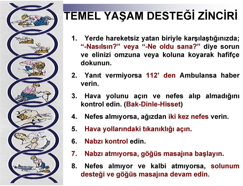 Hava yolunu açın ve nefes alıp almadığını kontrol edin. (Bak-Dinle-Hisset) 4. Nefes almıyorsa, ağızdan iki kez nefes verin. 5.