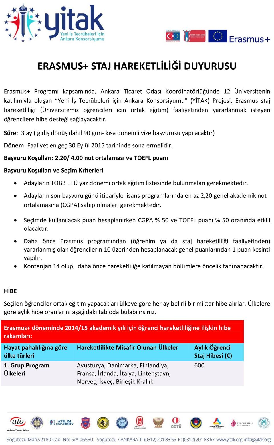 Süre: 3 ay ( gidiş dönüş dahil 90 gün- kısa dönemli vize başvurusu yapılacaktır) Dönem: Faaliyet en geç 30 Eylül 2015 tarihinde sona ermelidir. Başvuru Koşulları: 2.20/ 4.