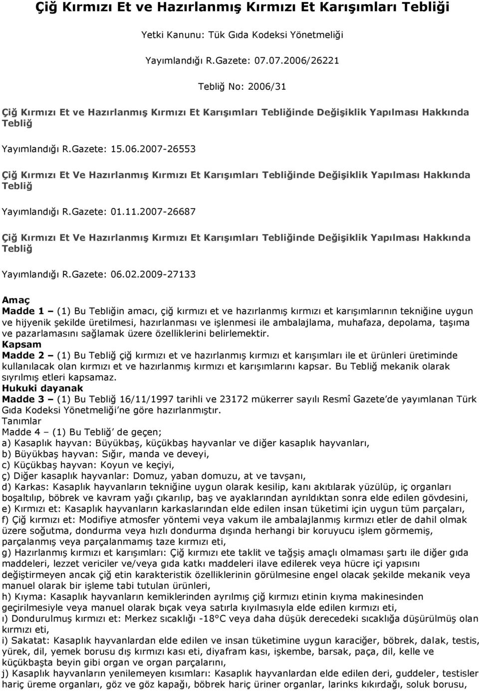 Gazete: 01.11.2007-26687 Çiğ Kırmızı Et Ve HazırlanmıĢ Kırmızı Et KarıĢımları inde DeğiĢiklik Yapılması Hakkında Yayımlandığı R.Gazete: 06.02.