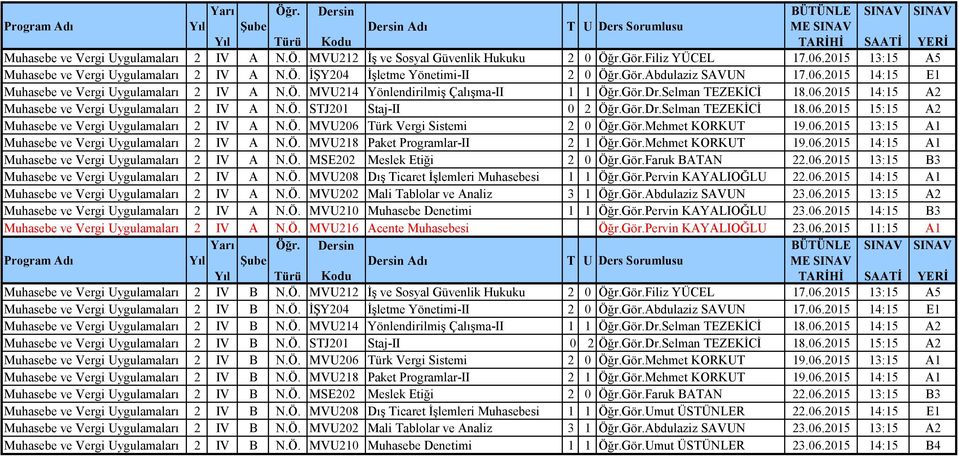 Ö. STJ201 Staj-II 0 2 Öğr.Gör.Dr.Selman TEZEKİCİ 18.06.2015 15:15 A2 Muhasebe ve Vergi Uygulamaları 2 IV A N.Ö. MVU206 Türk Vergi Sistemi 2 0 Öğr.Gör.Mehmet KORKUT 19.06.2015 13:15 A1 Muhasebe ve Vergi Uygulamaları 2 IV A N.