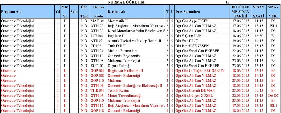 Ö. İNG104 İngilizce-II 2 0 Okt.Ş.Çetin İLİN 18.06.2015 16:30 B1 Otomotiv Teknolojisi 1 II N.Ö. ATİ102 Atatürk İlkeleri ve İnkılap Tarihi-II 2 0 Okt.Sait DİNÇ 19.06.2015 14:15 D3 Otomotiv Teknolojisi 1 II N.