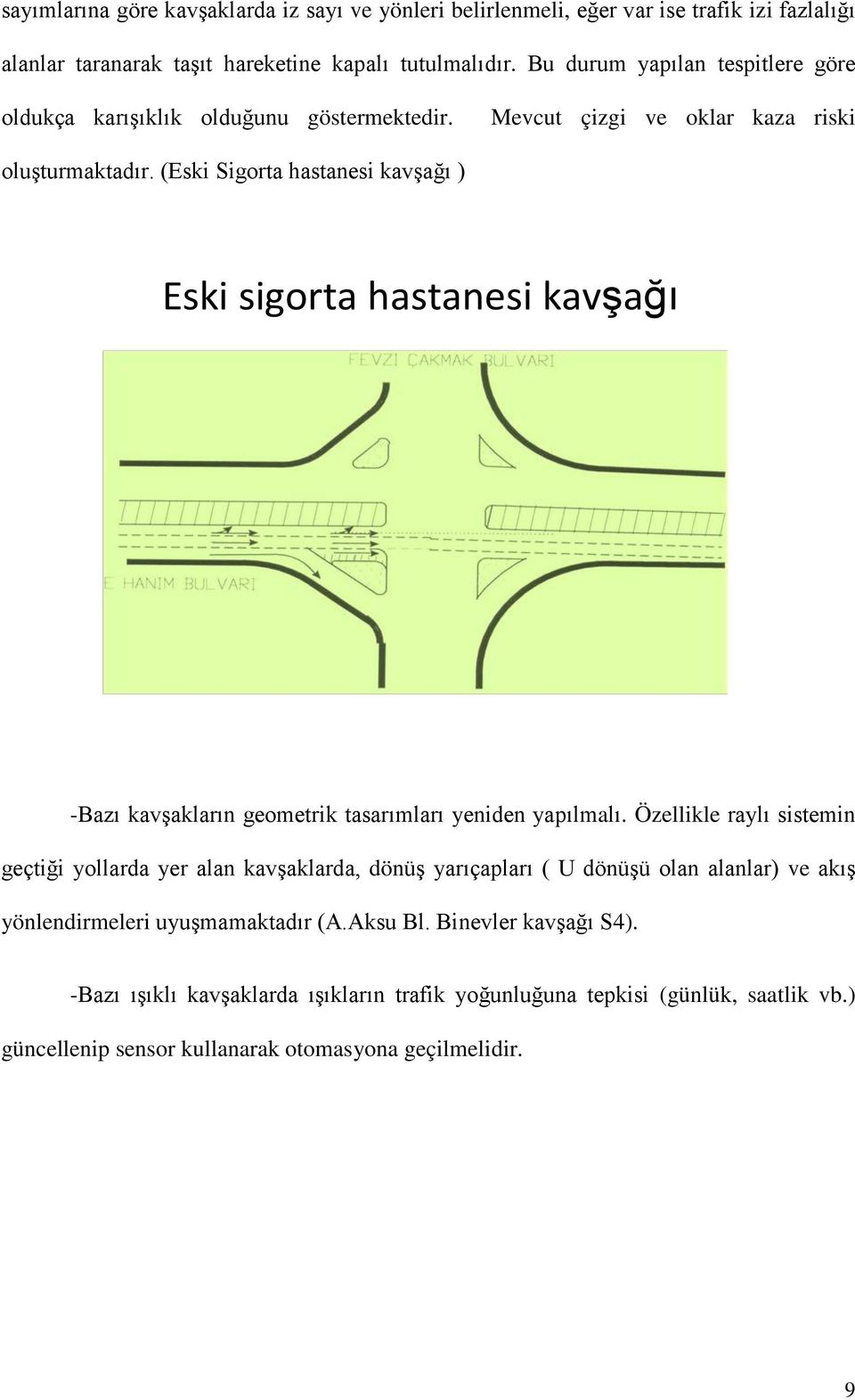 (Eski Sigorta hastanesi kavşağı ) Eski sigorta hastanesi kavşağı -Bazı kavşakların geometrik tasarımları yeniden yapılmalı.