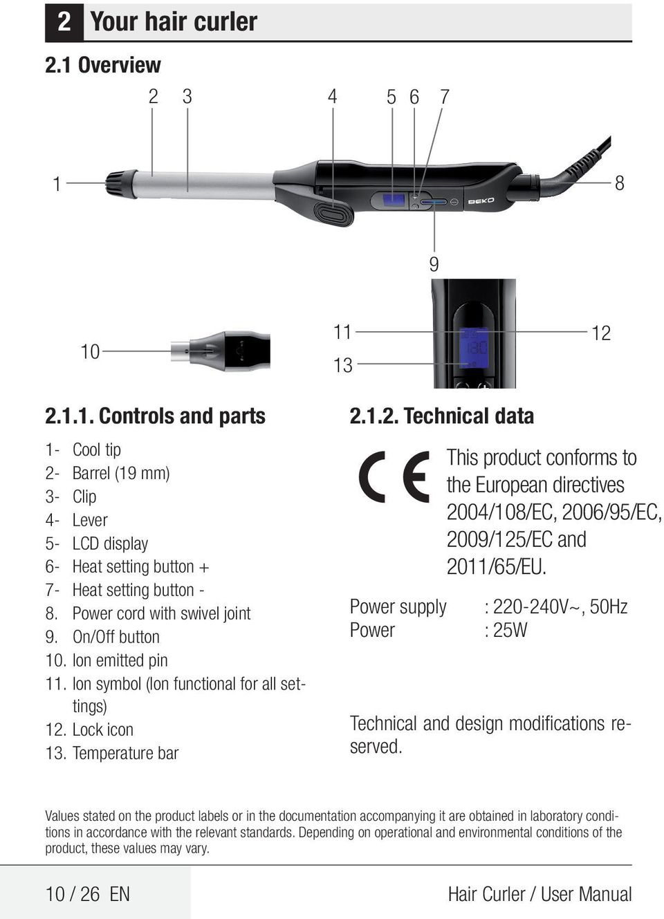 Lock icon 13. Temperature bar 2.1.2. Technical data Power supply Power This product conforms to the European directives 2004/108/EC, 2006/95/EC, 2009/125/EC and 2011/65/EU.