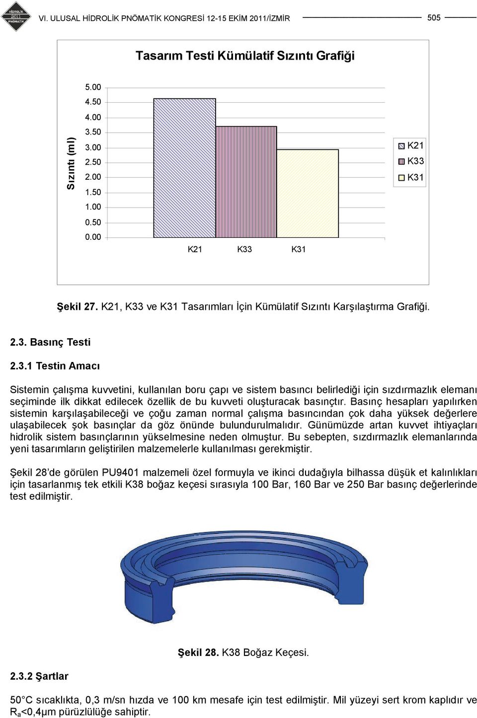 ve K31 Tasarımları İçin Kümülatif Sızıntı Karşılaştırma Grafiği. 2.3. Basınç Testi 2.3.1 Testin Amacı Sistemin çalışma kuvvetini, kullanılan boru çapı ve sistem basıncı belirlediği için sızdırmazlık elemanı seçiminde ilk dikkat edilecek özellik de bu kuvveti oluşturacak basınçtır.