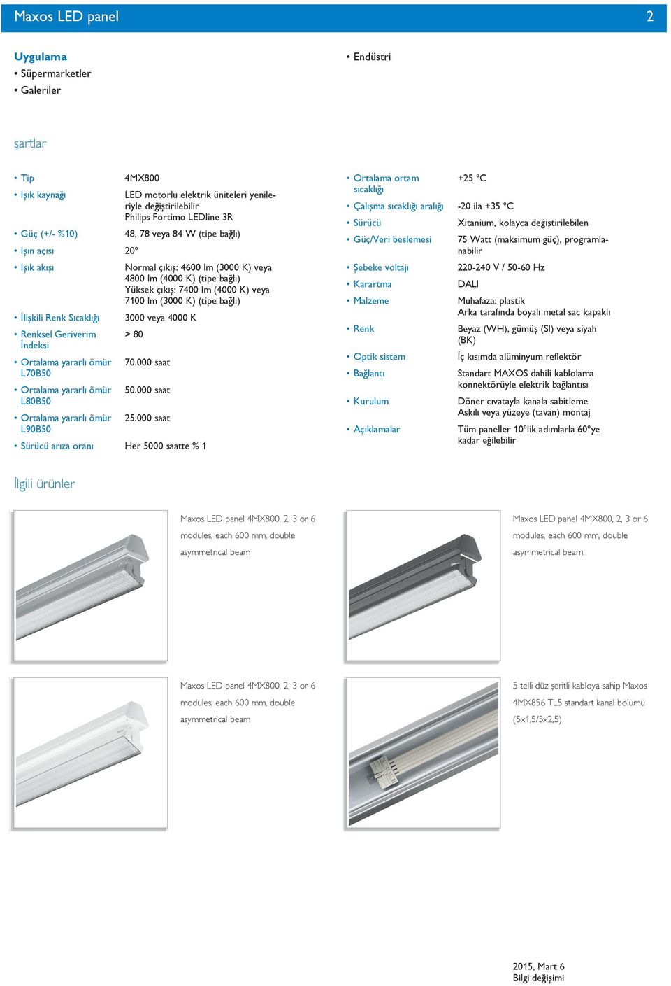 çıkış: 4600 lm (3000 K) veya 4800 lm (4000 K) (tipe bağlı) Yüksek çıkış: 7400 lm (4000 K) veya 7100 lm (3000 K) (tipe bağlı) 3000 veya 4000 K > 80 70.000 saat 50.000 saat 25.