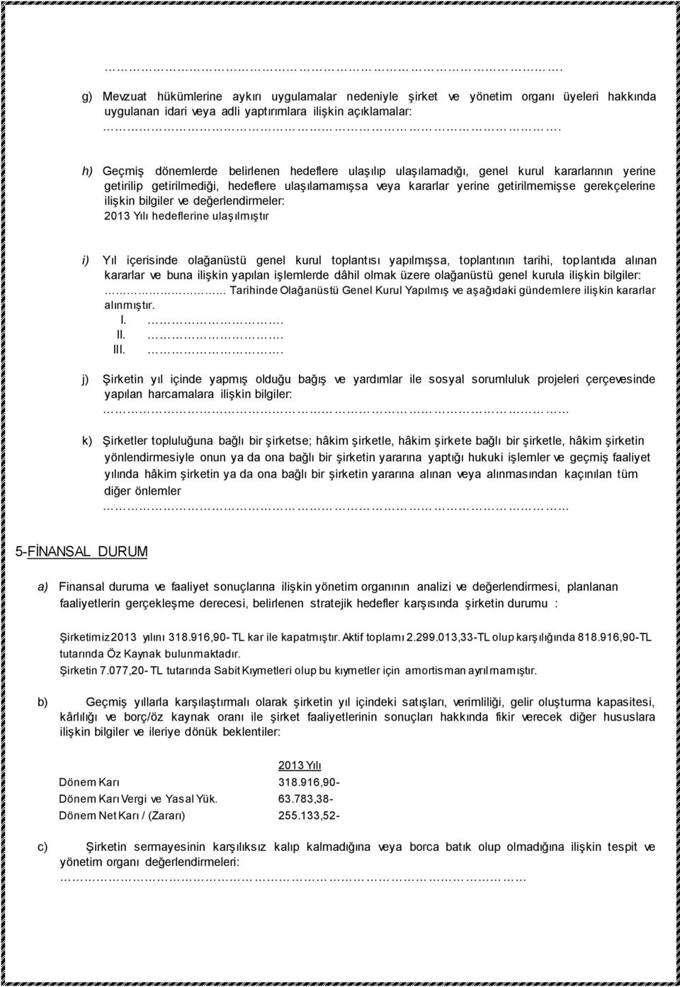 ilişkin bilgiler ve değerlendirmeler: 2013 Yılı hedeflerine ulaşılmıştır i) Yıl içerisinde olağanüstü genel kurul toplantısı yapılmışsa, toplantının tarihi, toplantıda alınan kararlar ve buna ilişkin