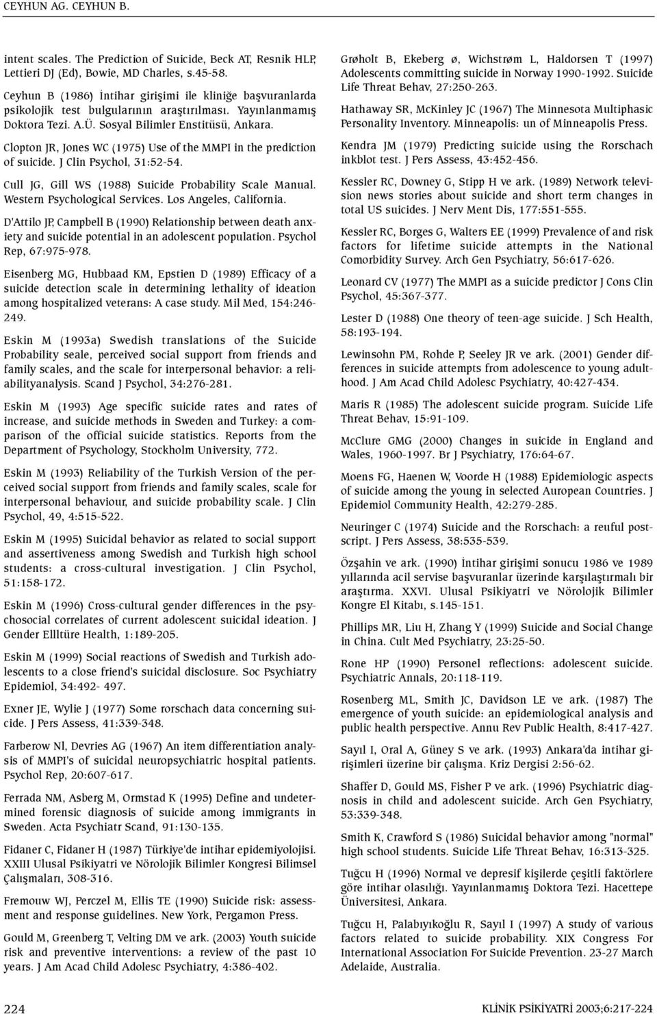 Clopton JR, Jones WC (1975) Use of the MMPI in the prediction of suicide. J Clin Psychol, 31:52-54. Cull JG, Gill WS (1988) Suicide Probability Scale Manual. Western Psychological Services.