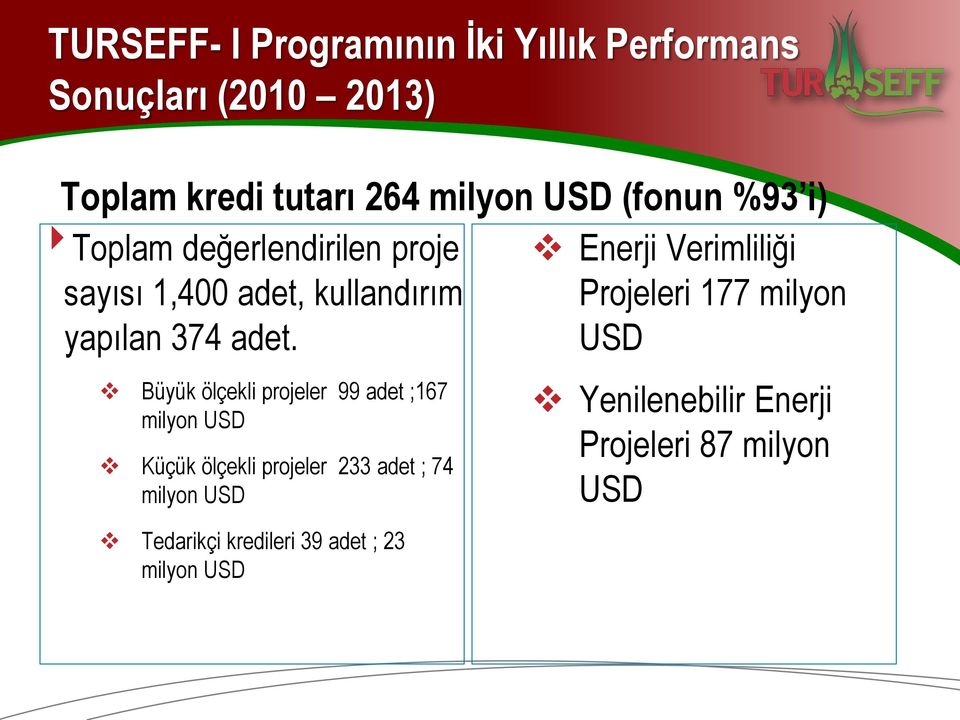 Büyük ölçekli projeler 99 adet ;167 milyon USD Küçük ölçekli projeler 233 adet ; 74 milyon USD Tedarikçi