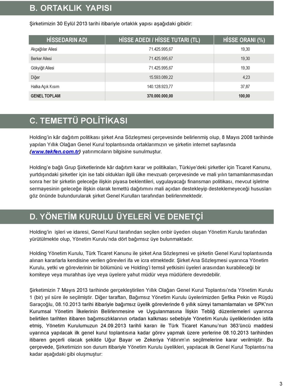 TEMETTÜ POLİTİKASI Holding in kâr dağıtım politikası şirket Ana Sözleşmesi çerçevesinde belirlenmiş olup, 8 Mayıs 2008 tarihinde yapılan Yıllık Olağan Genel Kurul toplantısında ortaklarımızın ve