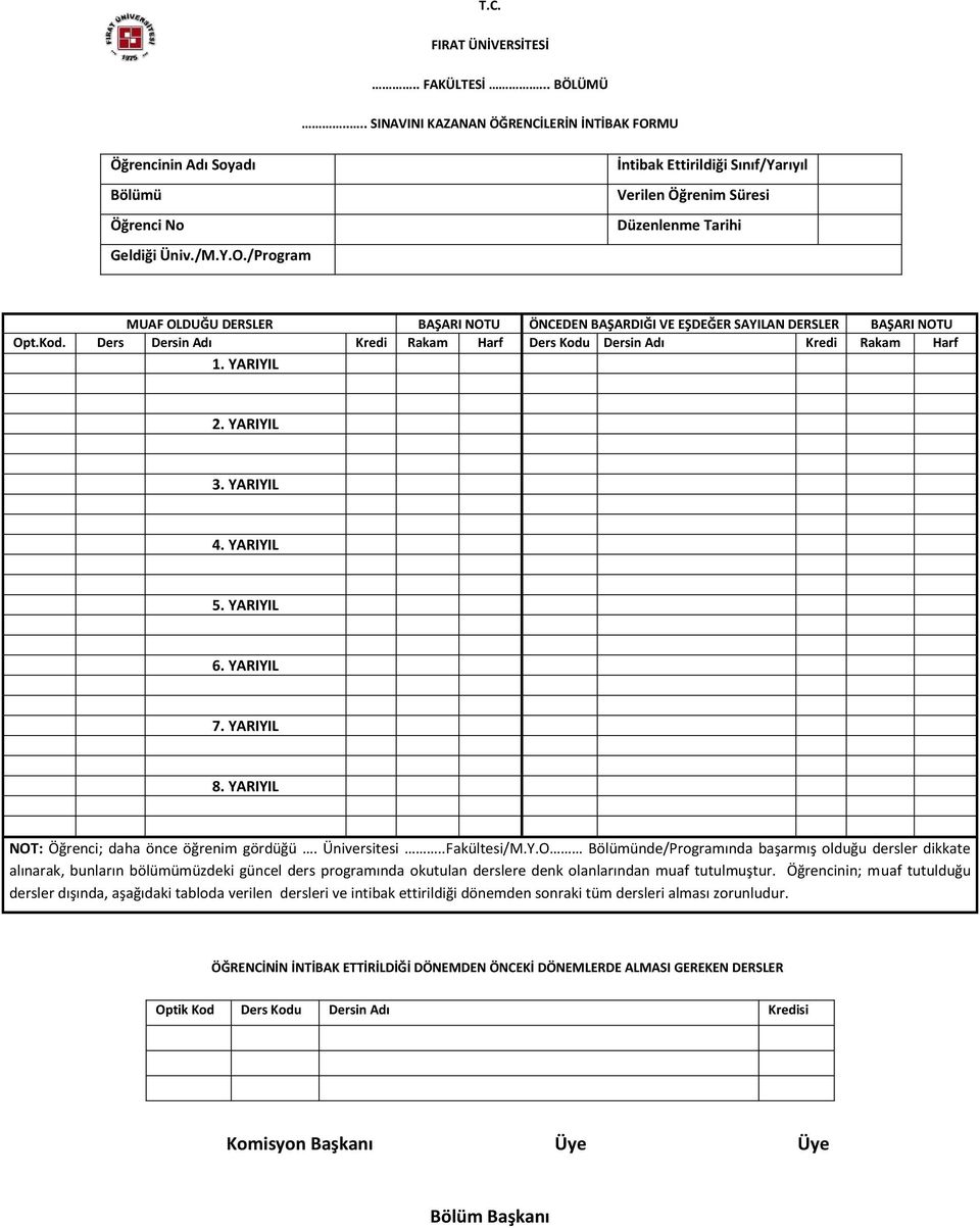 YARIYIL 4. YARIYIL 5. YARIYIL 6. YARIYIL 7. YARIYIL 8. YARIYIL NOT: Öğrenci; daha önce öğrenim gördüğü. Üniversitesi..Fakültesi/M.Y.O Bölümünde/Programında başarmış olduğu dersler dikkate alınarak, bunların bölümümüzdeki güncel ders programında okutulan derslere denk olanlarından muaf tutulmuştur.