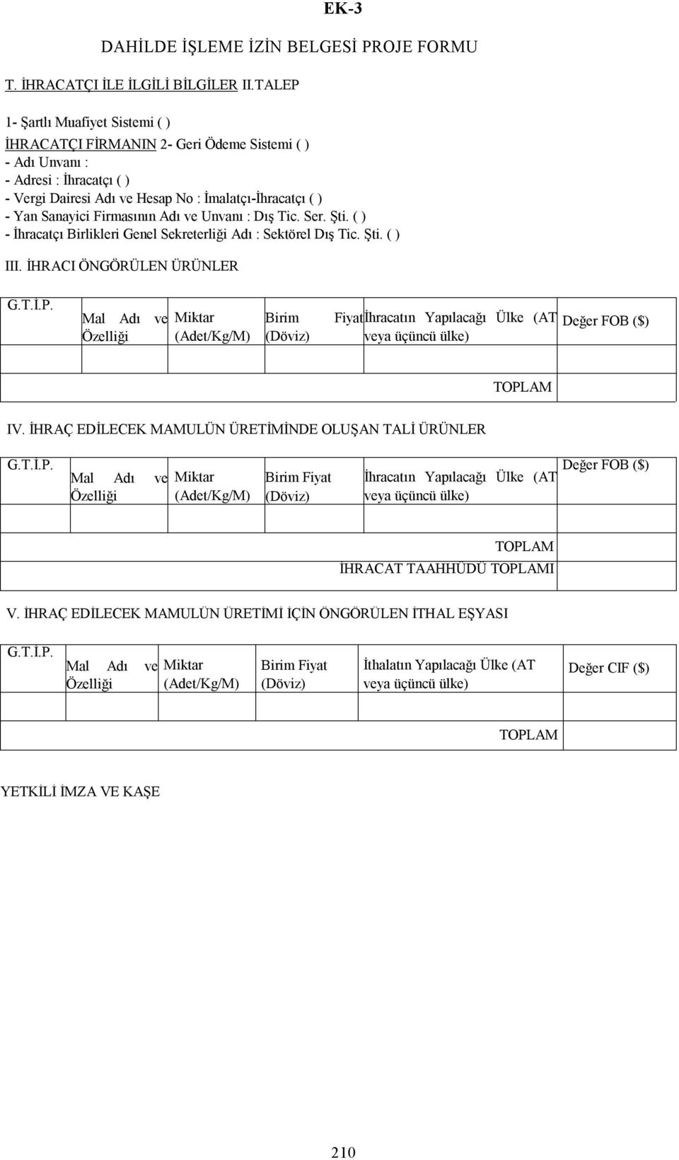 Firmasının Adı ve Unvanı : Dış Tic. Ser. Şti. ( ) - İhracatçı Birlikleri Genel Sekreterliği Adı : Sektörel Dış Tic. Şti. ( ) III. İHRACI ÖNGÖRÜLEN ÜRÜNLER G.T.İ.P.