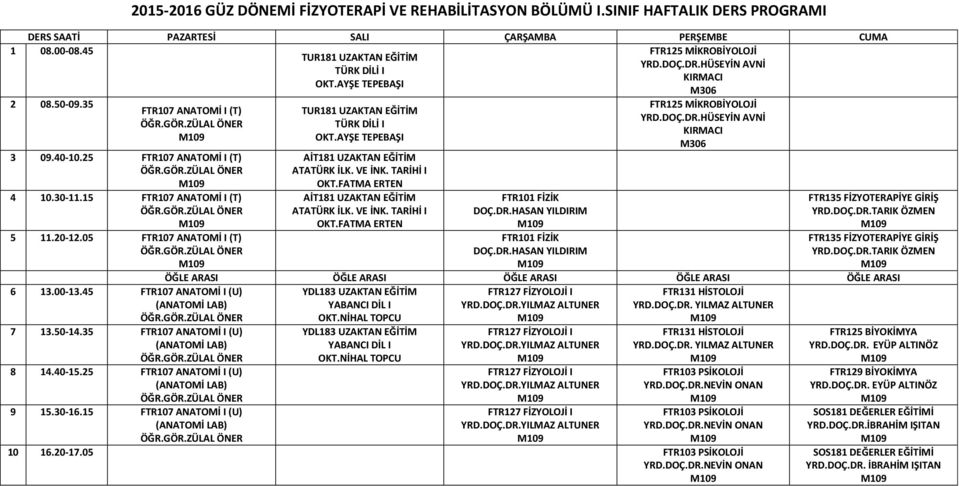 15 (ANATOMİ TUR181 TÜRK DİLİ I OKT.AYŞE TEPEBAŞI ÖĞLE ARASI ÖĞLE ARASI ÖĞLE ARASI ÖĞLE ARASI ÖĞLE ARASI YDL183 YABANCI DİL I YRD.DOÇ.DR.