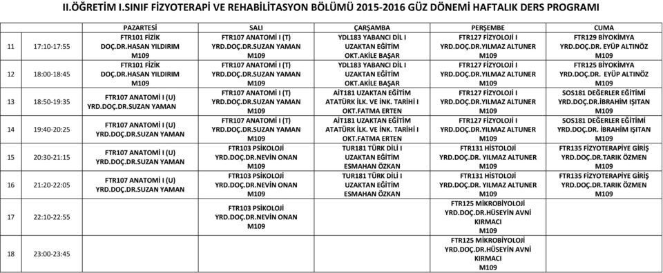 19:40-20:25 15 20:30-21:15 16 21:20-22:05 17 22:10-22:55 18 23:00-23:45 PAZARTESİ SALI ÇARŞAMBA PERŞEMBE CUMA YDL183 YABANCI DİL I OKT.