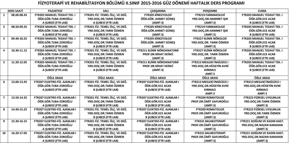 A ŞUBESİ 9 15.30-16.15 FTR207 ELEKTRO-FİZ. A ŞUBESİ 10 16.20-17.05 FTR207 ELEKTRO-FİZ. A ŞUBESİ A ŞUBESİ A ŞUBESİ A ŞUBESİ A ŞUBESİ ÖĞR.GÖR.