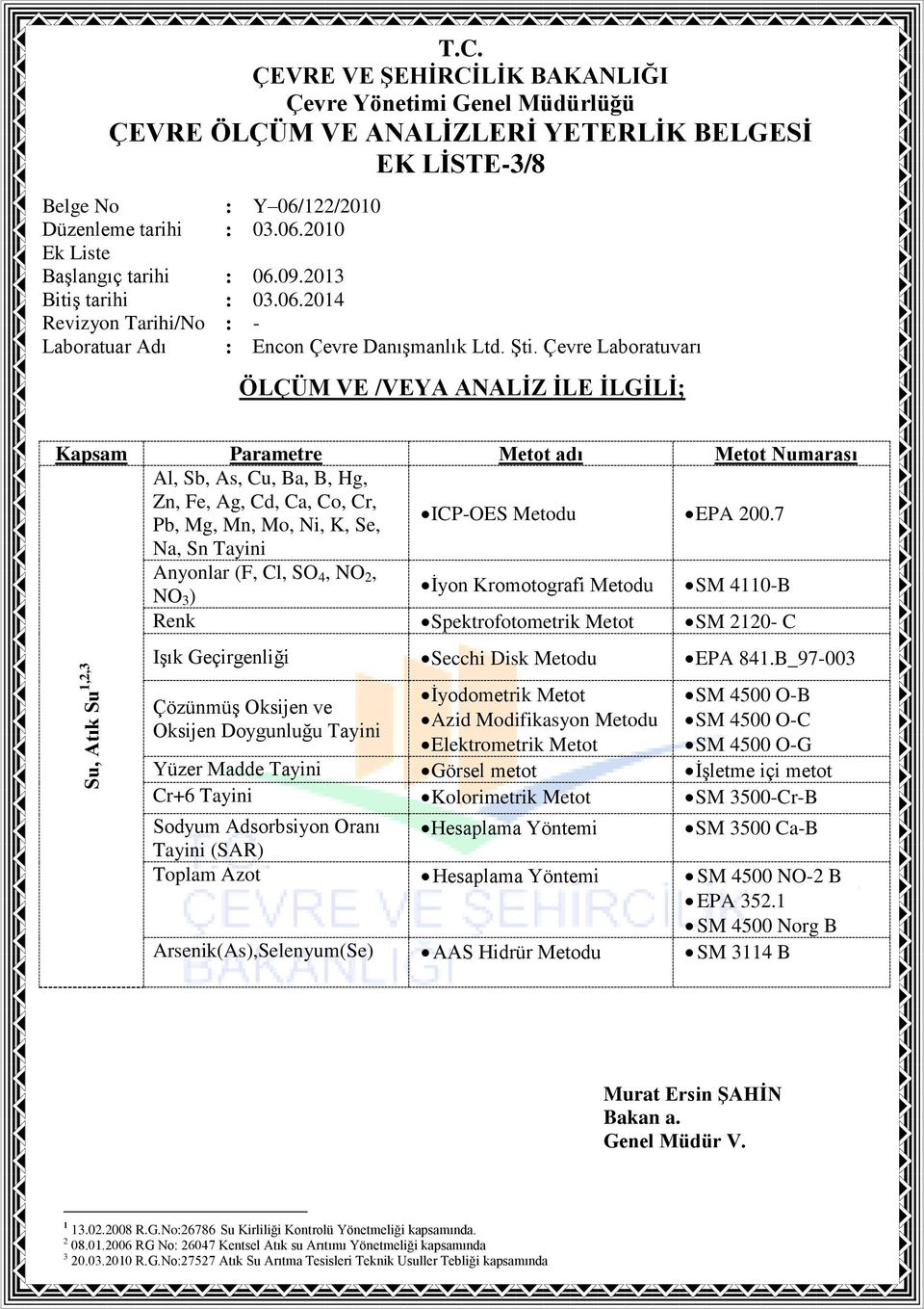 B_97-003 Çözünmüş Oksijen ve Oksijen Doygunluğu İyodometrik Metot Azid Modifikasyon Elektrometrik Metot SM 4500 O-B SM 4500 O-C SM 4500 O-G Yüzer Madde Görsel metot İşletme içi metot Cr+6