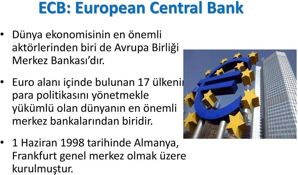 Euro alanı içinde bulunan 17 ülkenin para politikasını yönetmekle yükümlü olan