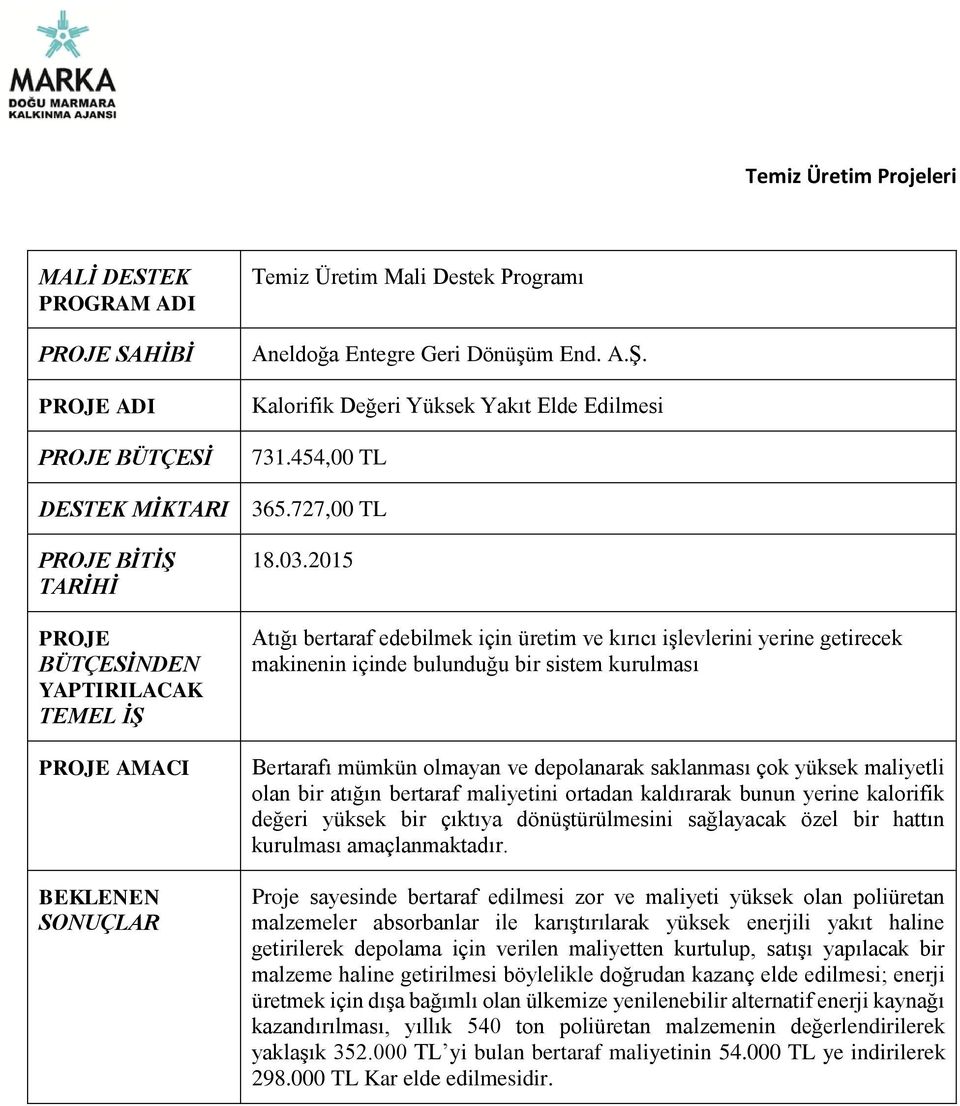 maliyetli olan bir atığın bertaraf maliyetini ortadan kaldırarak bunun yerine kalorifik değeri yüksek bir çıktıya dönüştürülmesini sağlayacak özel bir hattın kurulması amaçlanmaktadır.