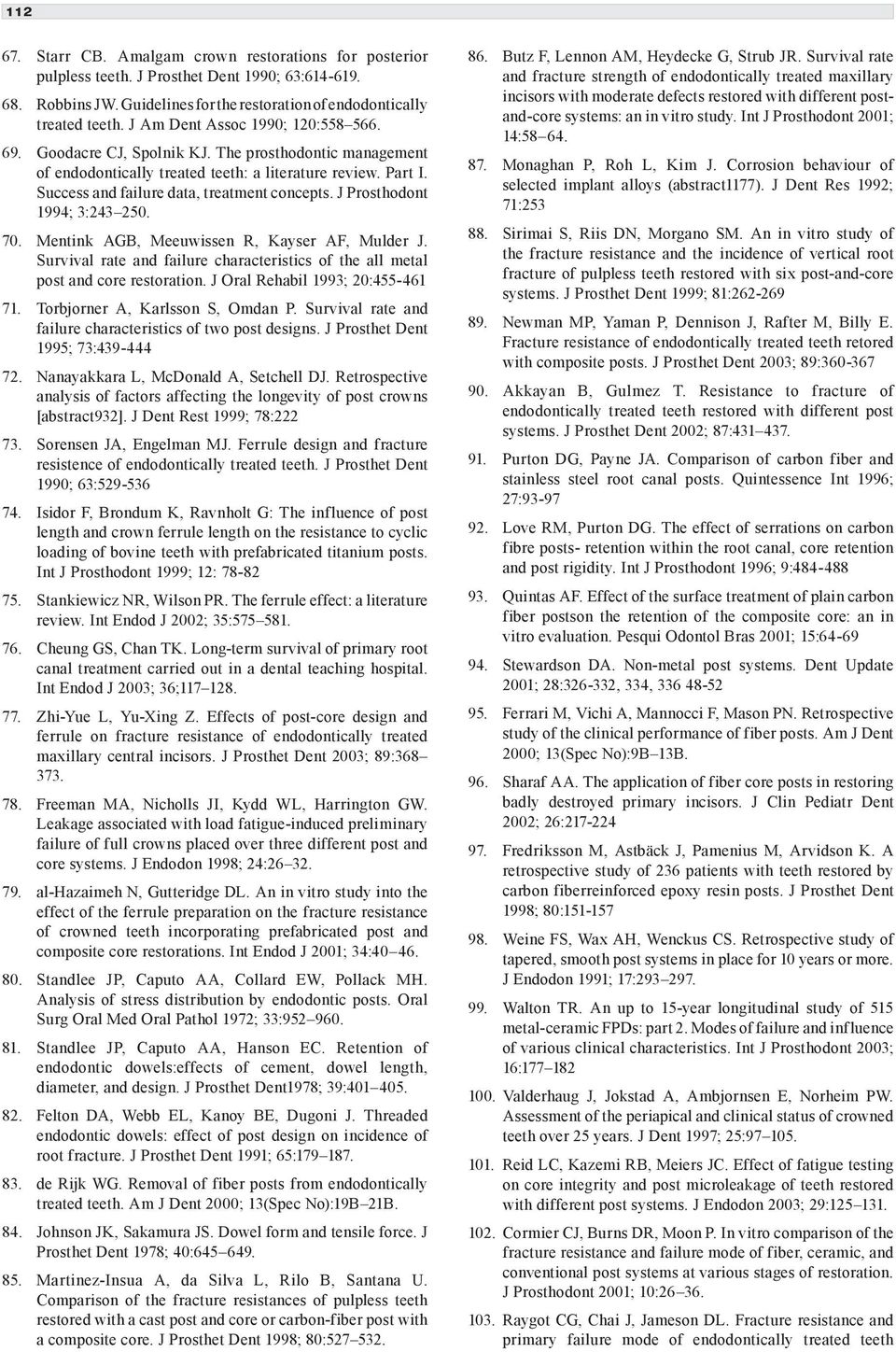 J Prosthodont 1994; 3:243 250. 70. Mentink AGB, Meeuwissen R, Kayser AF, Mulder J. Survival rate and failure characteristics of the all metal post and core restoration.