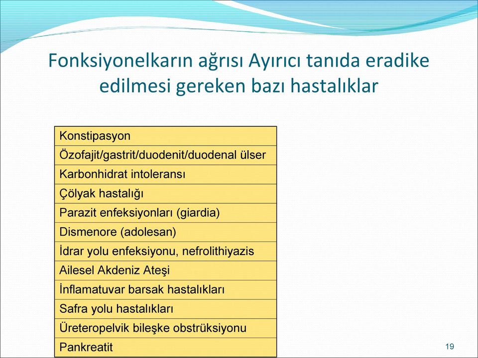 enfeksiyonları (giardia) Dismenore (adolesan) İdrar yolu enfeksiyonu, nefrolithiyazis Ailesel