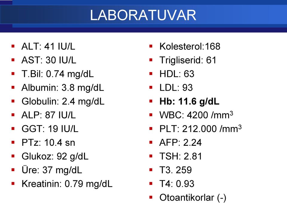 4 sn Glukoz: 92 g/dl Üre: 37 mg/dl Kreatinin: 0.