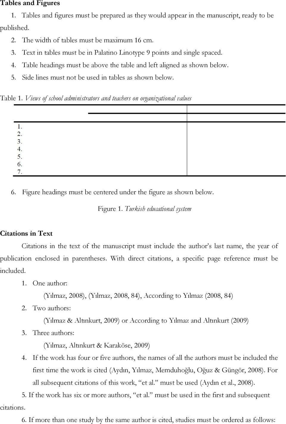 Side lines must not be used in tables as shown below. Table 1. Views of school administrators and teachers on organizational values 6. Figure headings must be centered under the figure as shown below.
