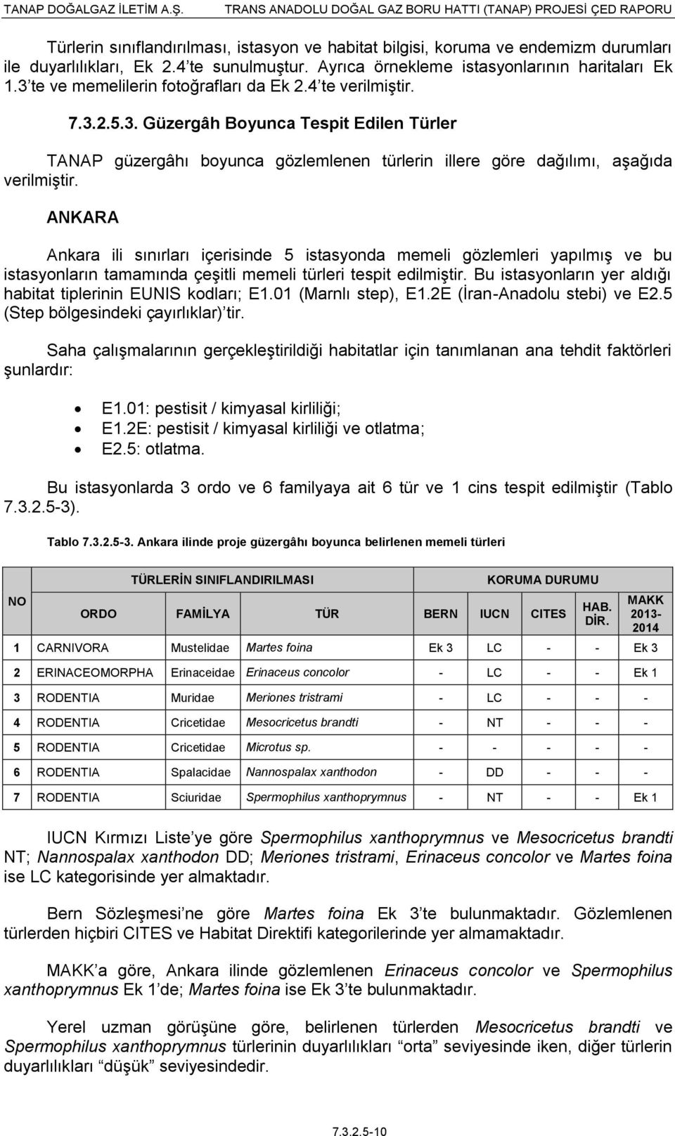 ANKARA Ankara ili sınırları içerisinde 5 istasyonda memeli gözlemleri yapılmış ve bu istasyonların tamamında çeşitli memeli türleri tespit edilmiştir.
