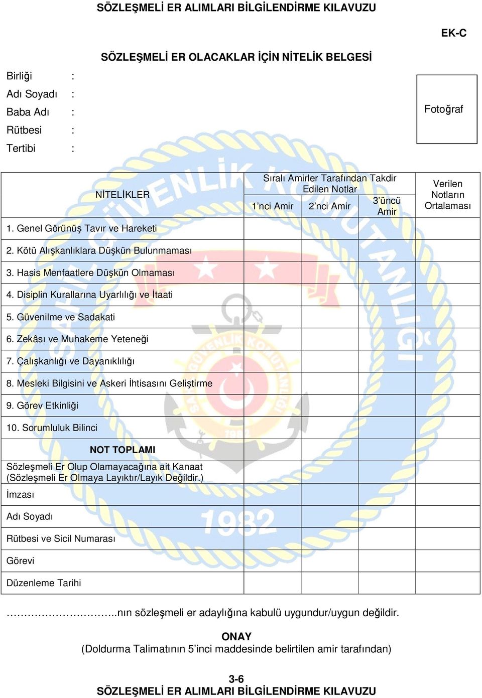 Çalışkanlığı ve Dayanıklılığı 8. Mesleki Bilgisini ve Askeri İhtisasını Geliştirme 9. Görev Etkinliği 10.