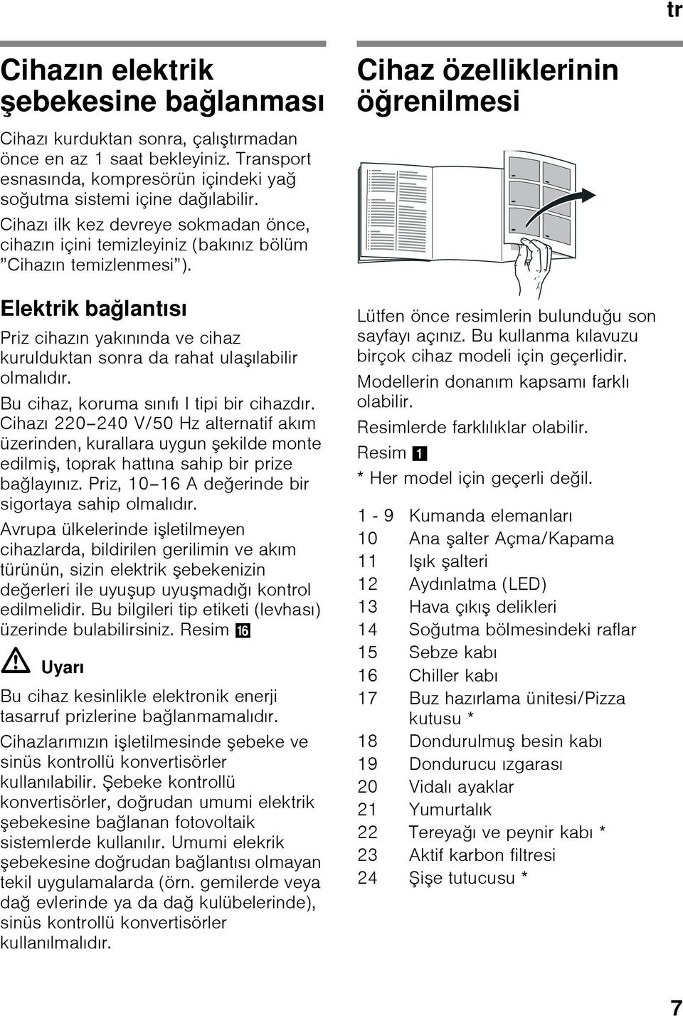 Elektrik bağlantısı Priz cihazın yakınında ve cihaz kurulduktan sonra da rahat ulaşılabilir olmalıdır. Bu cihaz, koruma sınıfı I tipi bir cihazdır.