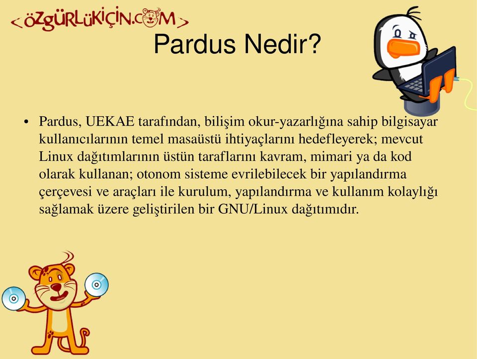 ihtiyaçlarını hedefleyerek; mevcut Linux dağıtımlarının üstün taraflarını kavram, mimari ya da kod