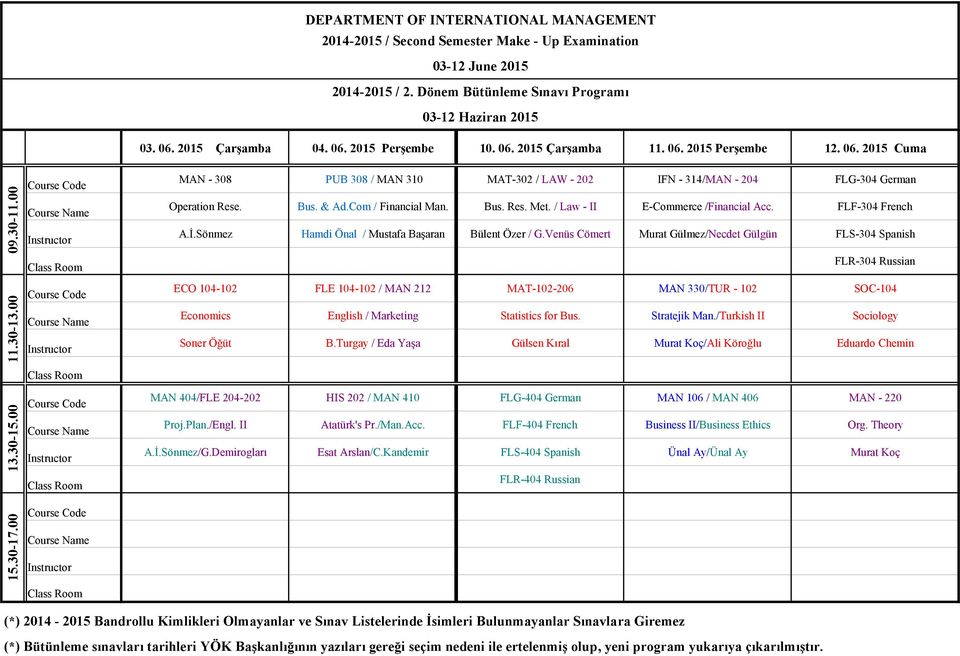 Venüs Cömert Murat Gülmez/Necdet Gülgün FLS-304 Spanish FLR-304 Russian ECO 104-102 FLE 104-102 / MAN 212 MAT-102-206 MAN 330/TUR - 102 SOC-104 Economics English / Marketing Statistics for Bus.