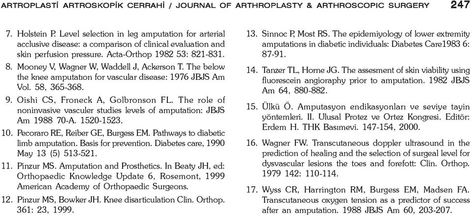 The below the knee amputatýon for vascular disease: 1976 JBJS Am Vol. 58, 365-368. 9. Oishi CS, Froneck A, Golbronson FL.
