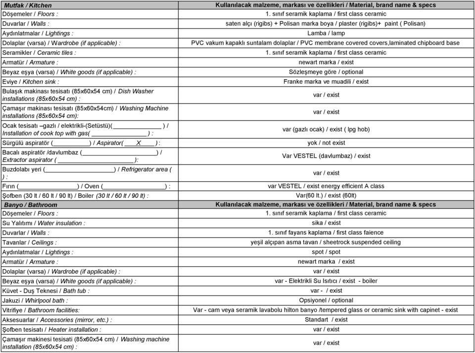 elektrikli-(setüstü)( ) / Installation of cook top with gas( ) : Sürgülü aspiratör ( ) / Aspirator( X ) : Bacalı aspiratör /davlumbaz ( ) / Extractor aspirator ( ): Buzdolabı yeri ( ) / Refrigerator