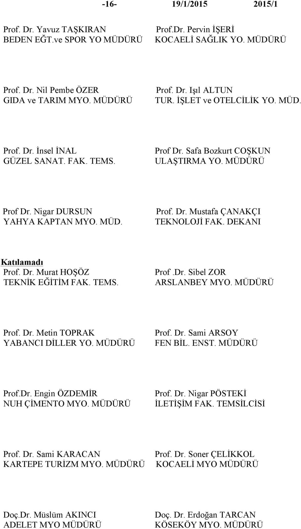 DEKANI Katılamadı Prof. Dr. Murat HOŞÖZ TEKNİK EĞİTİM FAK. TEMS. Prof.Dr. Sibel ZOR ARSLANBEY MYO. MÜDÜRÜ Prof. Dr. Metin TOPRAK YABANCI DİLLER YO. MÜDÜRÜ Prof. Dr. Sami ARSOY FEN BİL. ENST.