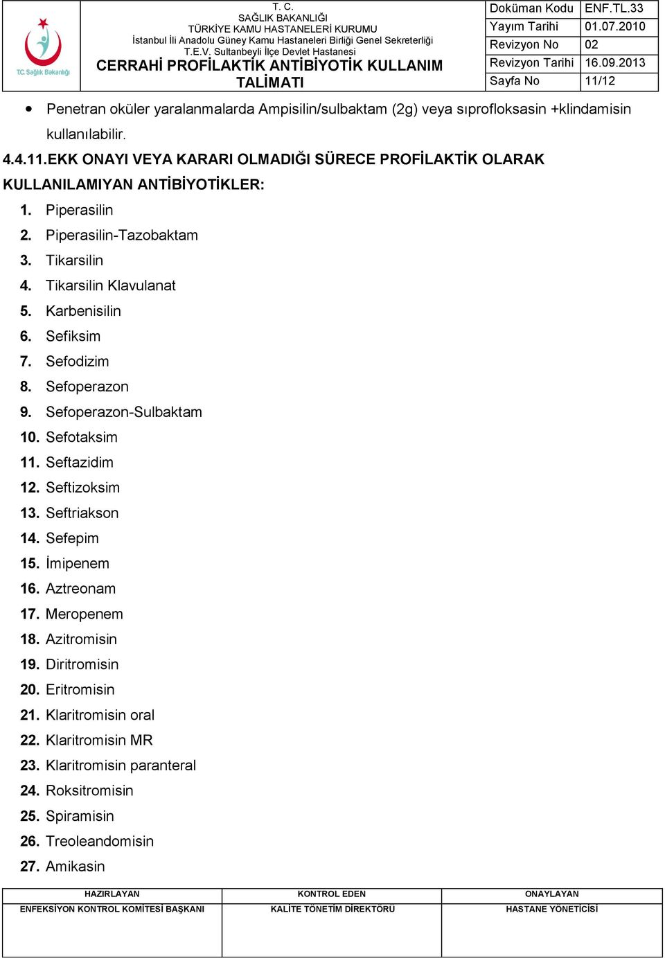 Sefotaksim 11. Seftazidim 12. Seftizoksim 13. Seftriakson 14. Sefepim 15. Ġmipenem 16. Aztreonam 17. Meropenem 18. Azitromisin 19. Diritromisin 20. Eritromisin 21.