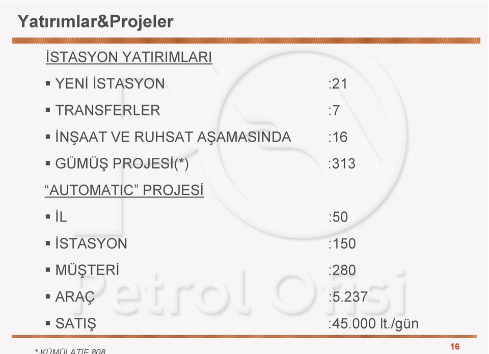 AŞAMASINDA :16 GÜMÜŞ PROJESİ(*) :313 AUTOMATIC