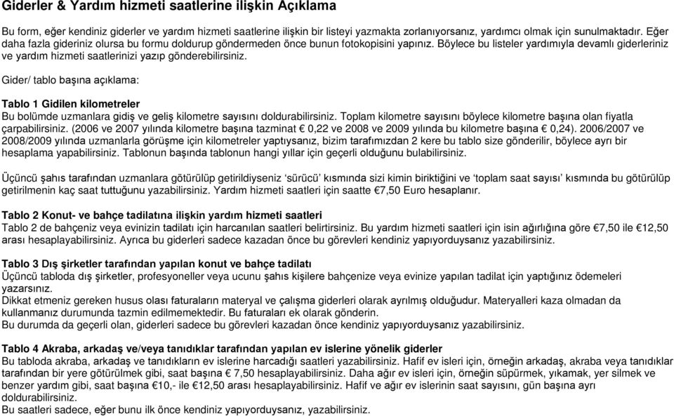 Böylece bu listeler yardımıyla devamlı giderleriniz ve yardım hizmeti saatlerinizi yazıp gönderebilirsiniz.