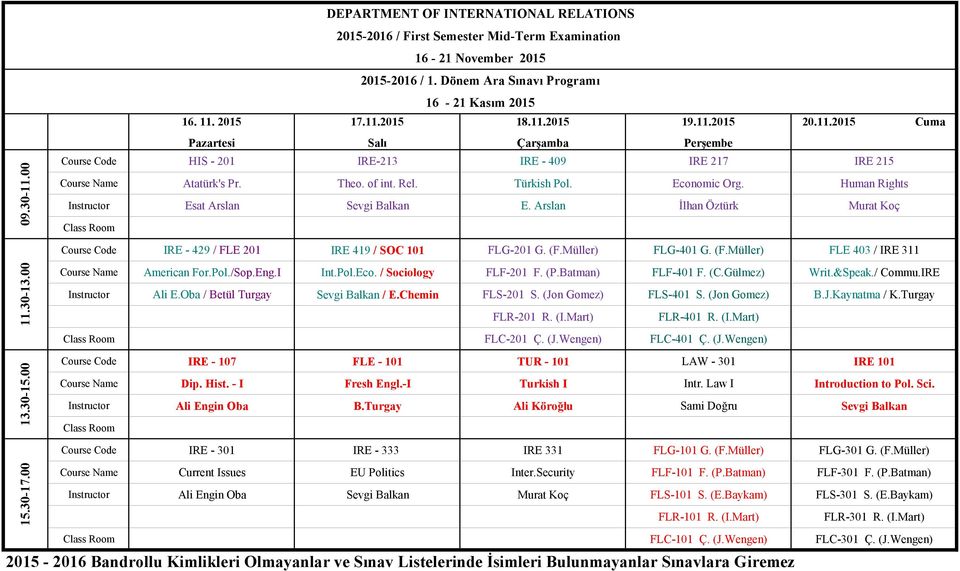 Müller) FLG-401 G. (F.Müller) FLE 403 / IRE 311 Course Name American For.Pol./Sop.Eng.I Int.Pol.Eco. / Sociology FLF-201 F. (P.Batman) FLF-401 F. (C.Gülmez) Writ.&Speak./ Commu.IRE Instructor Ali E.